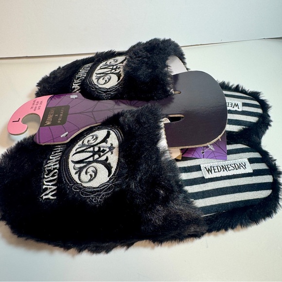 NWT. Primark Wednesday Addams Black Fluffy Mules Slippers. Addams family (9/10) - Picture 2 of 8